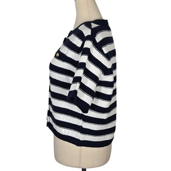 SAM EDELMAN Colleen Stripe Short Sleeve Cardigan knit blue Size Medium NWT - Picture 3 of 9
